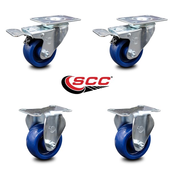 3.5 Inch Solid Polyurethane Swivel Top Plate Caster Lock Brake 2 Rigid SCC, 2PK